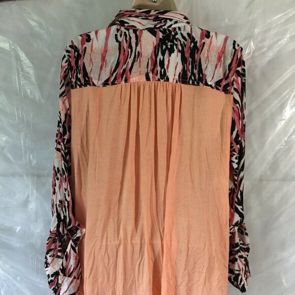 New Directions Womens Button Up Top Blouse Roll Up Sleeves Peach Paisley SZ PXL - Picture 3 of 16